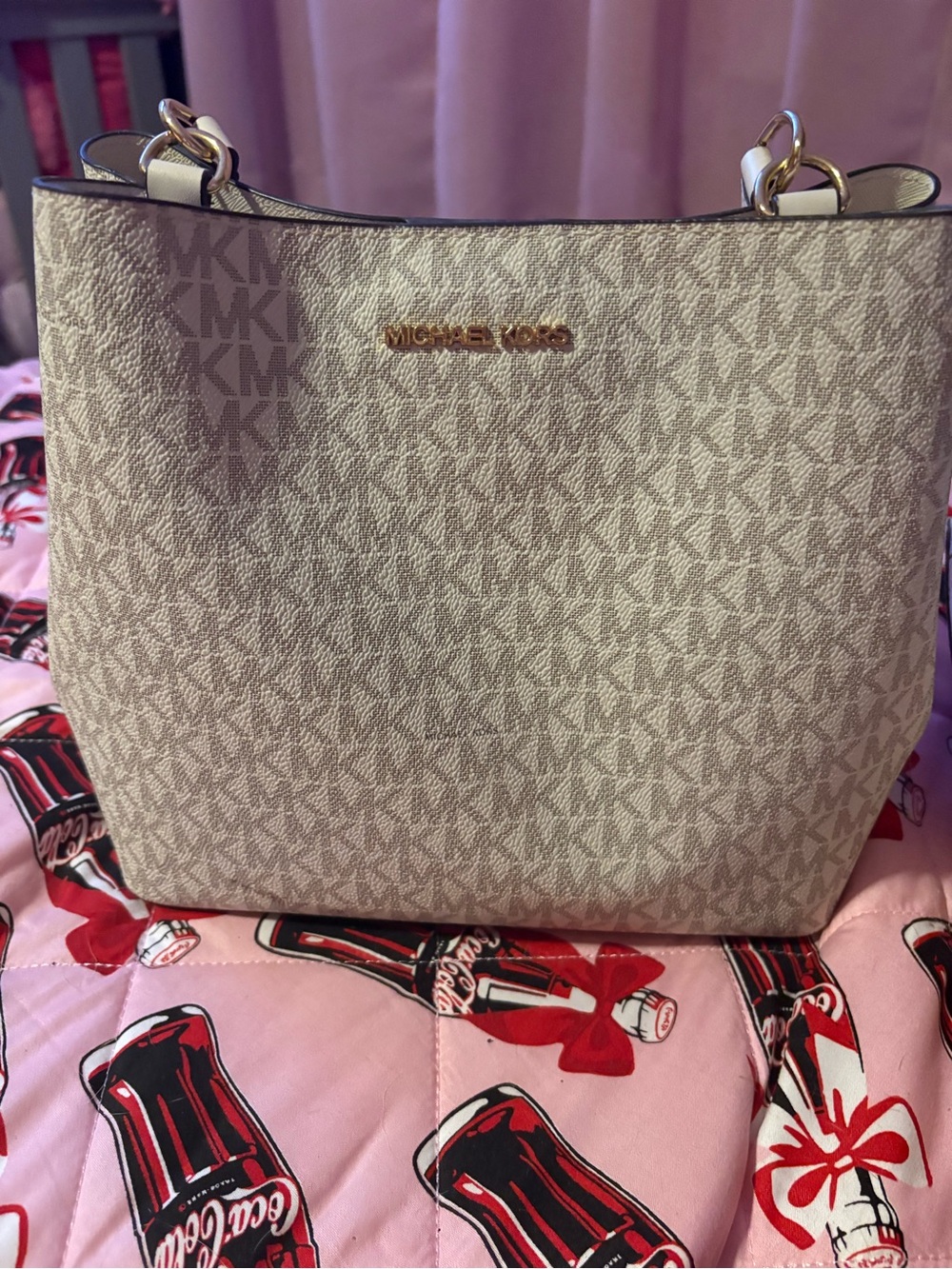 Michael Kors Signature Logo Tote in Beige and White with Gold Hardware